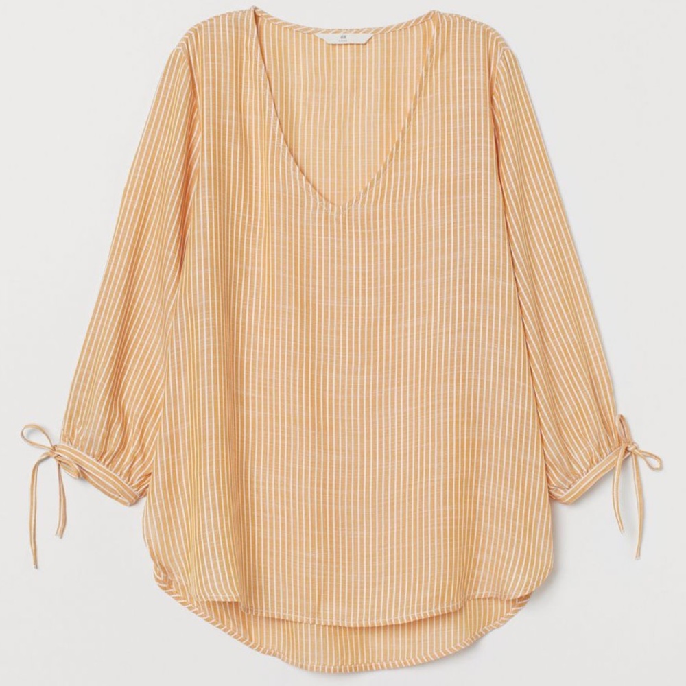 H&M Striped V Neck Peasant Top Blouse Yellow White